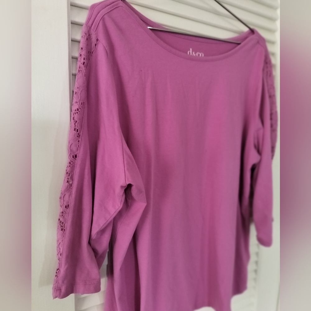 Denim & Co. Pink Cotton Rayon 3/4 Lace Trim Sleeve Top Size 1x